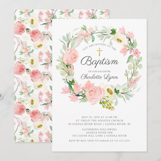 Invitación Moda y elegancia del bautismo floral rosado de Rub (Anverso / Reverso)