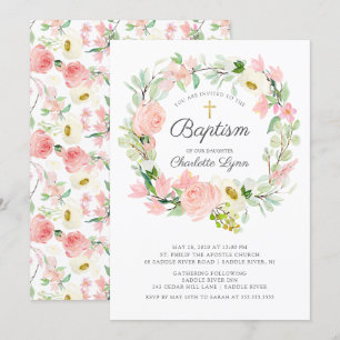 Invitación Moda y elegancia del bautismo floral rosado de Rub