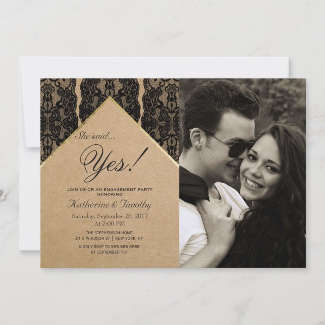 Invitación Moda y elegante encaje negro, oro y papel reciclad (Anverso)