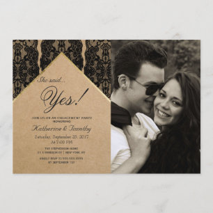 Invitación Moda y elegante encaje negro, oro y papel reciclad