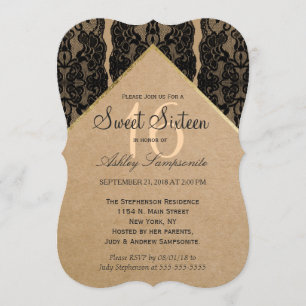 Invitación Moda y elegante encaje negro, oro y papel reciclad