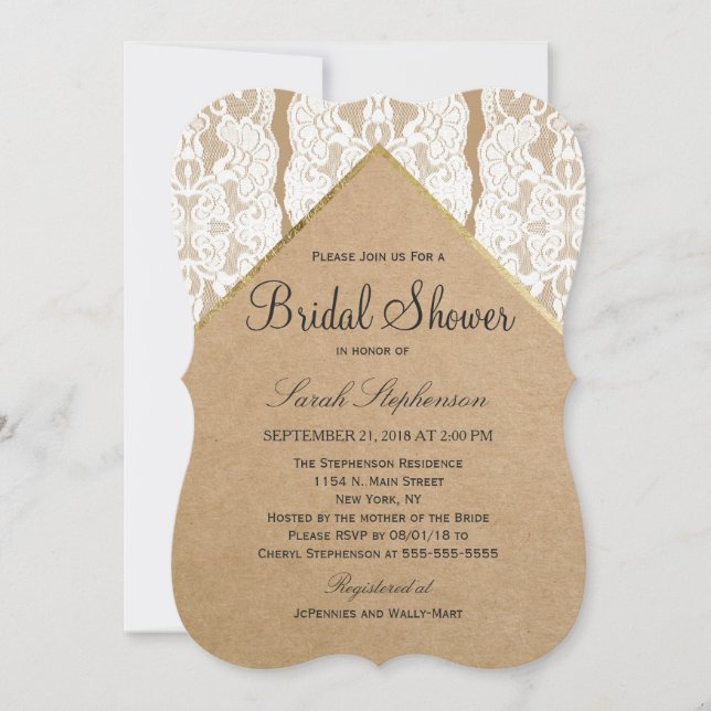Invitación Moda y encaje blanco, oro y papel reciclado (Anverso)