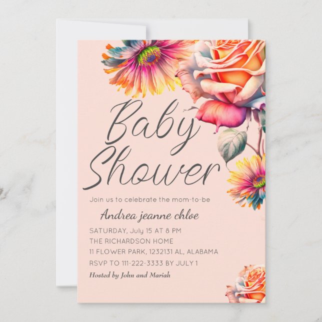 Invitación Moda y flores modernas Jardín floral Baby Shower (Anverso)