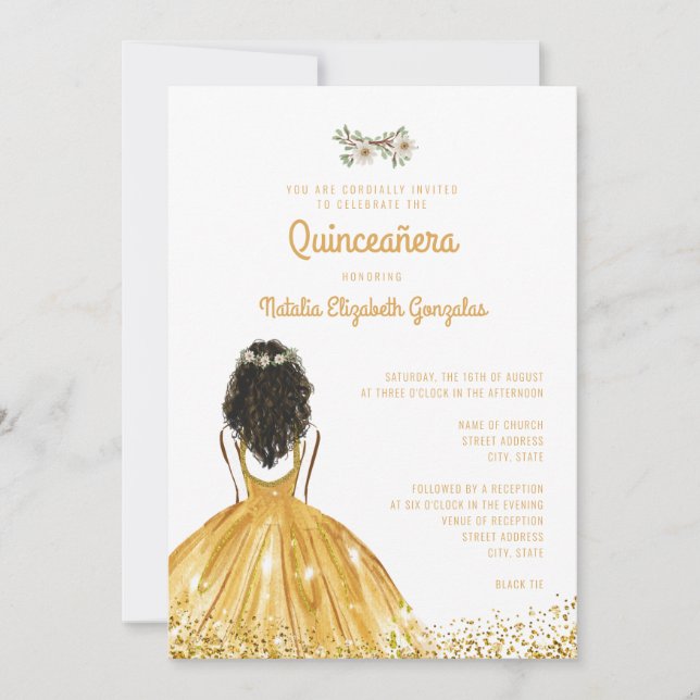Invitación Moda Yellow Gold Princess Vestido 15 Quinceañera (Anverso)