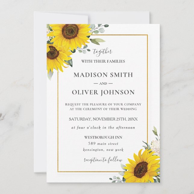 Invitación Moda Yellow Sunflower Floral Gold Boda Invita (Anverso)