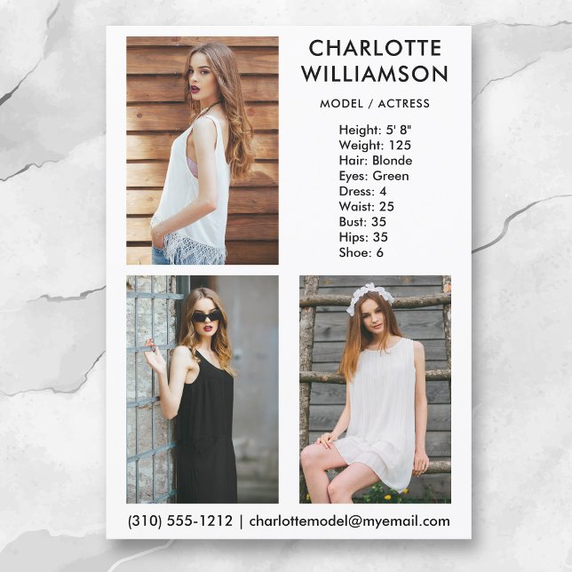 Invitación Model Actor 3 Photo Comp Card 5x7 Wht (Available in high quality print or digital download for quick messaging, email or self printing.)