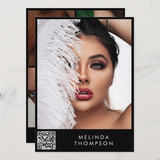 Invitación Modelado elegante Comp Card 5 Photo QR Código Negr (Anverso / Reverso)