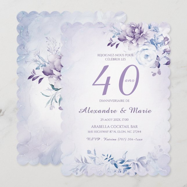 Invitación Modèle Anniversario 40 ans Couleur Lavande (Anverso / Reverso)