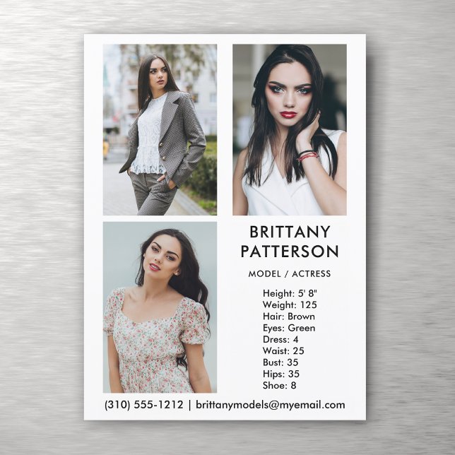 Invitación Modelo Actor 3 Foto Pro Comp Card Blanco (Available in high quality print or digital download for quick messaging, email or self printing.)