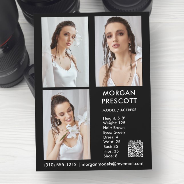 Invitación Modelo Actor 3 Photo Pro Comp Card Su Código QR (Available in high quality print or digital download for quick messaging, email or self printing.)