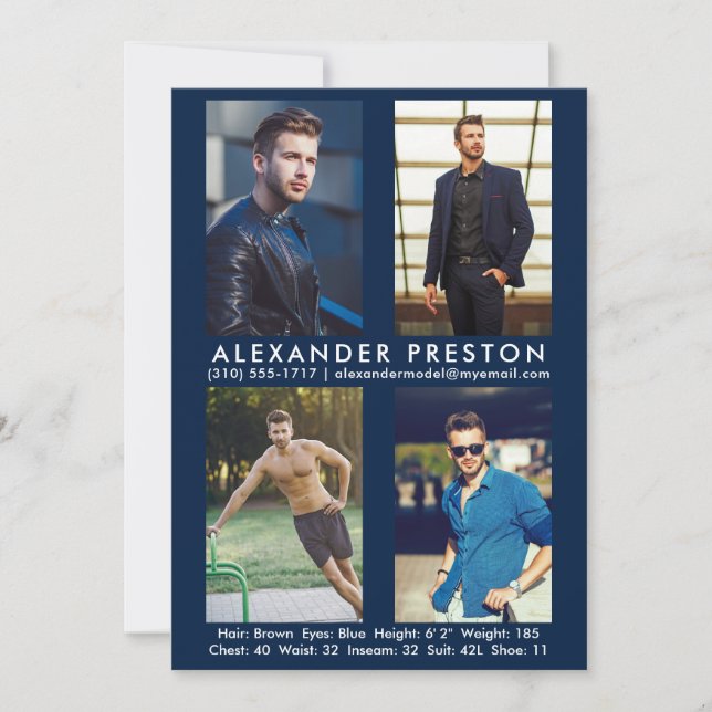 Invitación Modelo Actor 4 Foto Comp Card 5x7 Azul (Anverso)