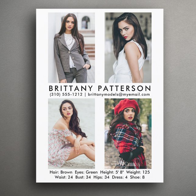 Invitación Modelo Actor 4 Foto Pro Comp Card Blanco (Available in high quality print or digital download for quick messaging, email or self printing.)