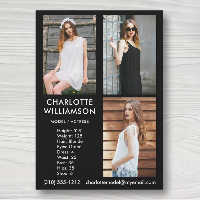 Invitación Modelo Actor 5x7 Comp Card 3 Foto Negro (Available in high quality print or digital download for quick messaging, email or self printing.)