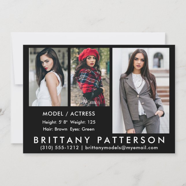 Invitación Modelo Actor Comp Card 3 Foto Negro 5x7 (Anverso)