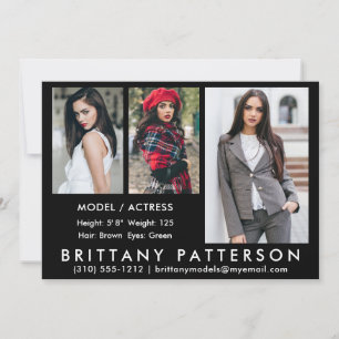 Invitación Modelo Actor Comp Card 3 Foto Negro 5x7