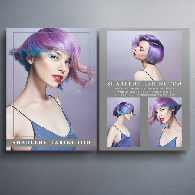 Invitación Modelo Actor Pro Comp Card 4 Foto 2 Gris lateral (Available in high quality print or digital download for quick messaging, email or self printing.)