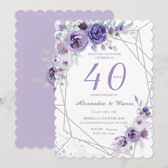 Invitación Modelo Cumpleaños 40 años Color Lavanda (Anverso / Reverso)