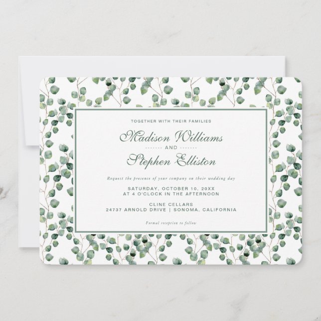 Invitación Modelo de la hoja del eucalipto de la acuarela - (Anverso)
