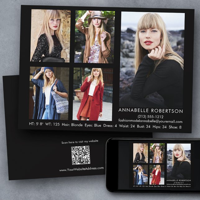 Invitación Modelo moderno Actor QR Código Atrás 5 Fotos Tarje (Customize to change background color, text size, style or to add more photos to back of card.)