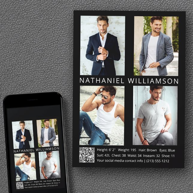 Invitación Modelo moderno Pro Actor 4 Photo QR Código Comp Ta (Customize to change background color, text size, style or to add more photos to back of card.)