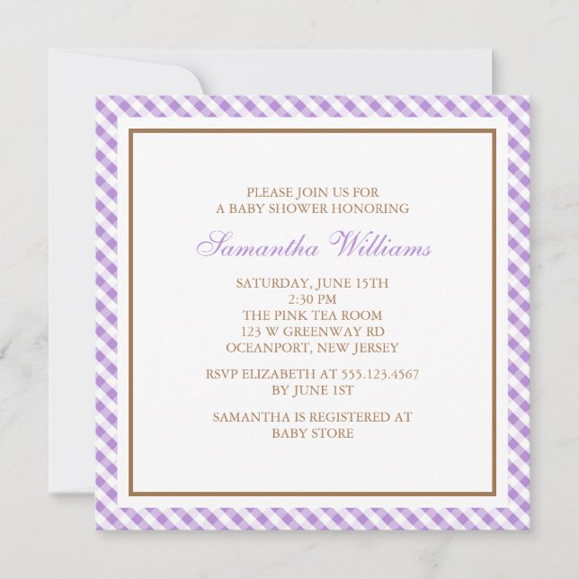 Invitación Modelo púrpura elegante Baby Shower de la guinga (Anverso)