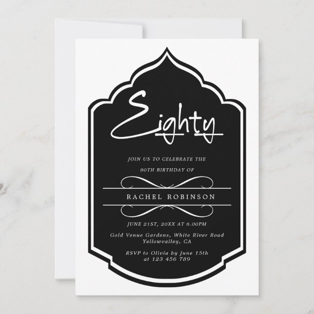 Invitación Moden Black 80TH Birthday Party (Anverso)