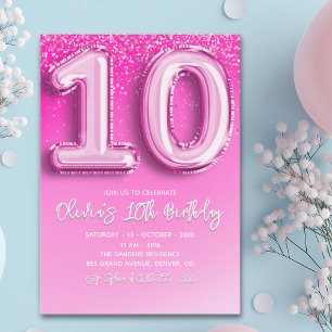 Invitación Modern 10th Birthday Girl with Pink Number Balloon