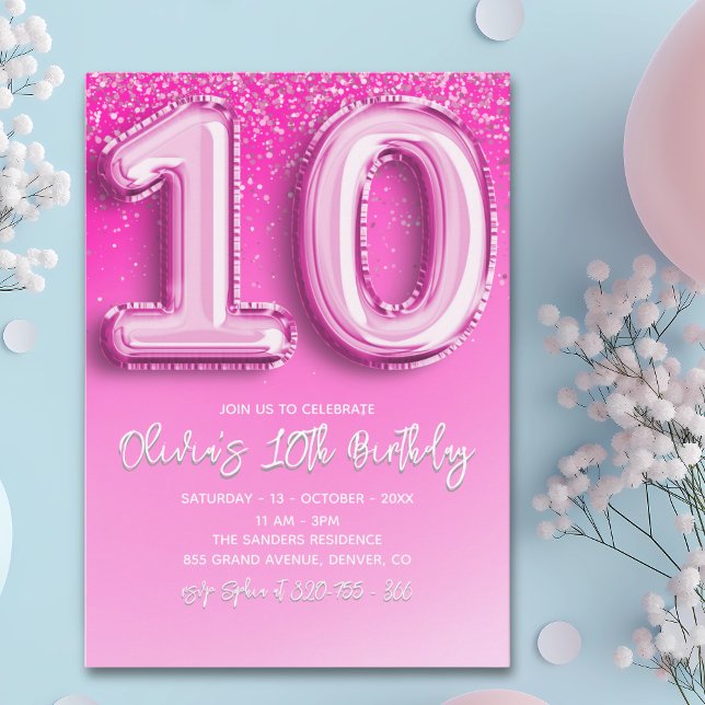 Invitación Modern 10th Birthday Girl with Pink Number Balloon (Subido por el creador)