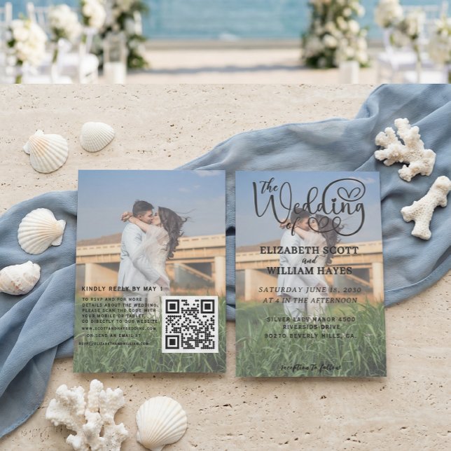 Invitación Modern 2 Photo QR Code Romantic Script Wedding (Subido por el creador)