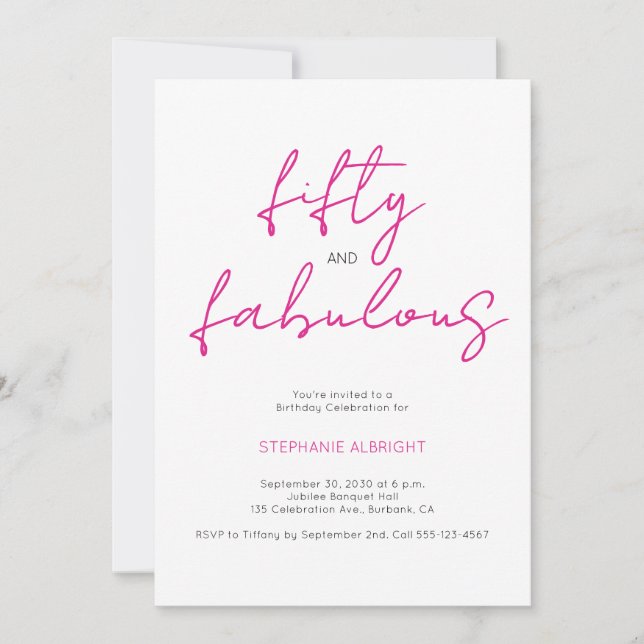 Invitación Modern 50 and Fabulous Pink 50th Birthday Party In (Anverso)