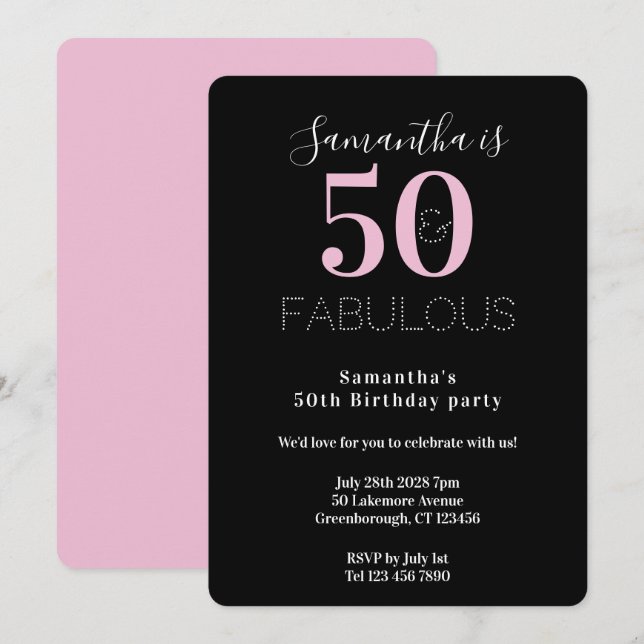 Invitación Modern 50 Fabulous 50th Birthday Black Pink Party (Anverso / Reverso)