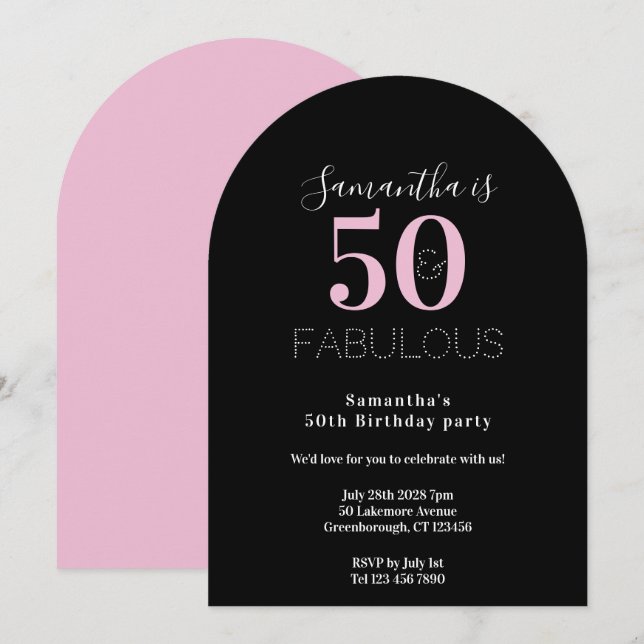 Invitación Modern 50 Fabulous 50th Birthday Black Pink Party (Anverso / Reverso)