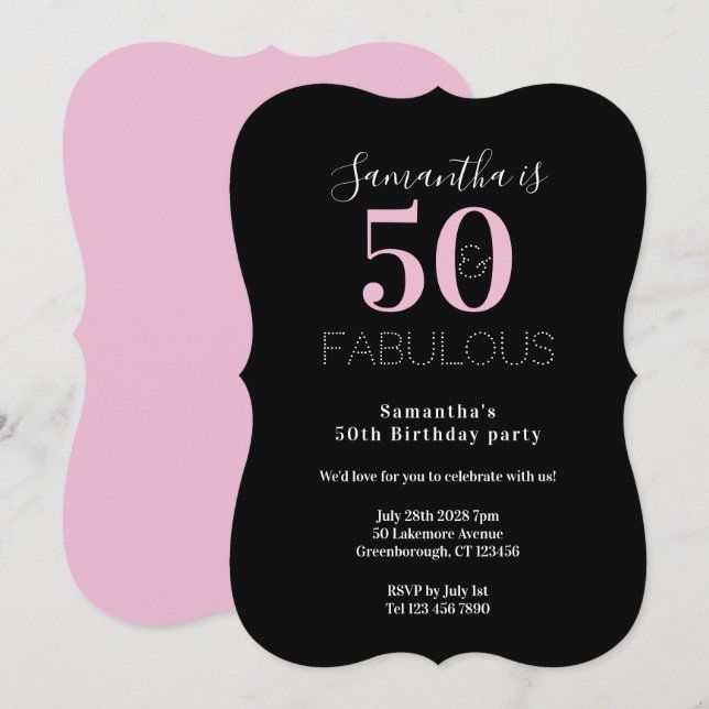 Invitación Modern 50 Fabulous 50th Birthday Black Pink Party (Anverso / Reverso)