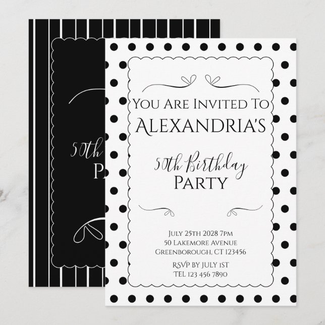 Invitación Modern 50th Birthday Party Black and White (Anverso / Reverso)