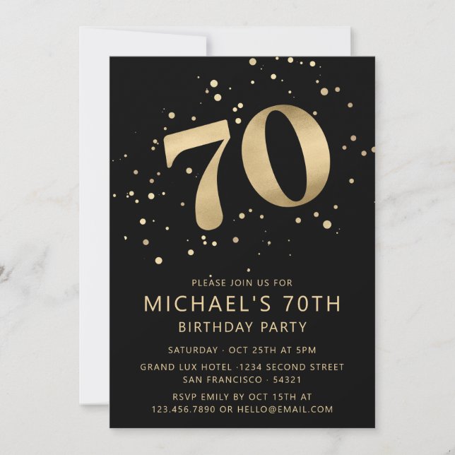 Invitación Modern 70th Seventy Birthday Black and Gold (Anverso)