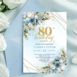 Invitación Modern 80th Birthday Invite Boho Dusty Blue Floral