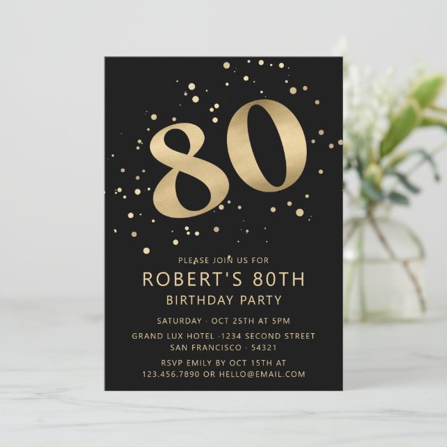 Invitación Modern 80th Eighty Birthday Photo Gold Glitter (Anverso de pie)
