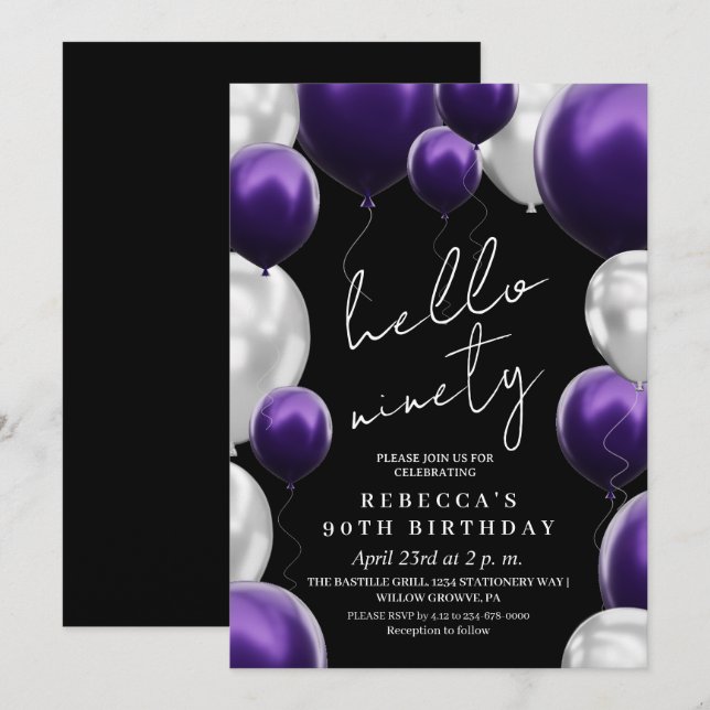 Invitación Modern 90th Birthday Black Silver Purple Balloons  (Anverso / Reverso)