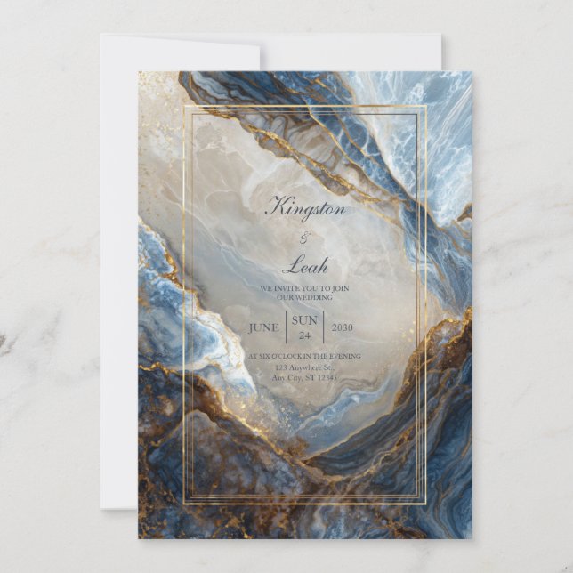 Invitación Modern Abstract Navy Bronze Gilded Marble Wedding (Anverso)