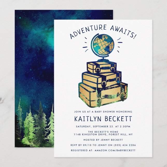 Invitación Modern Adventure Travel Globe Baby Shower (Anverso / Reverso)
