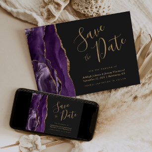 Invitación Modern Agate Purple Gold Dark Save the Date Card