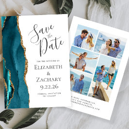 Invitación Modern Agate Verde Azul Oro 5-Foto Guardar la Fech