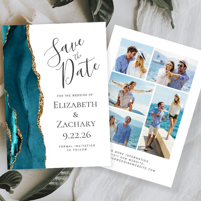 Invitación Modern Agate Verde Azul Oro 5-Foto Guardar la Fech (Subido por el creador)