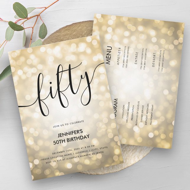 Invitación Modern All In One Gold Purpurina Ilumina 50 Cumple (Modern All In One Gold Glitter Lights 50 Birthday Invitation)