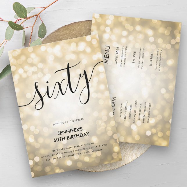 Invitación Modern All In One Gold Purpurina Ilumina 60 Cumple (Modern All In One Gold Glitter Lights 60 Birthday Invitation)
