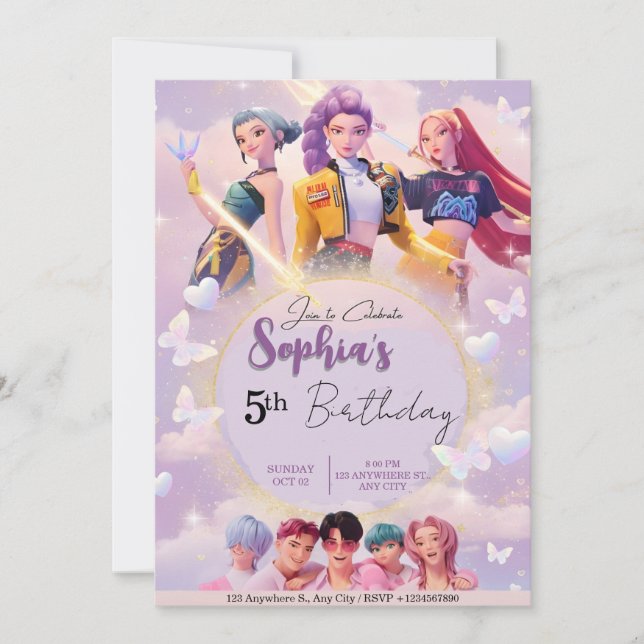 Invitación Modern Anime Girl Squad Neon Purple Birthday  (Anverso)