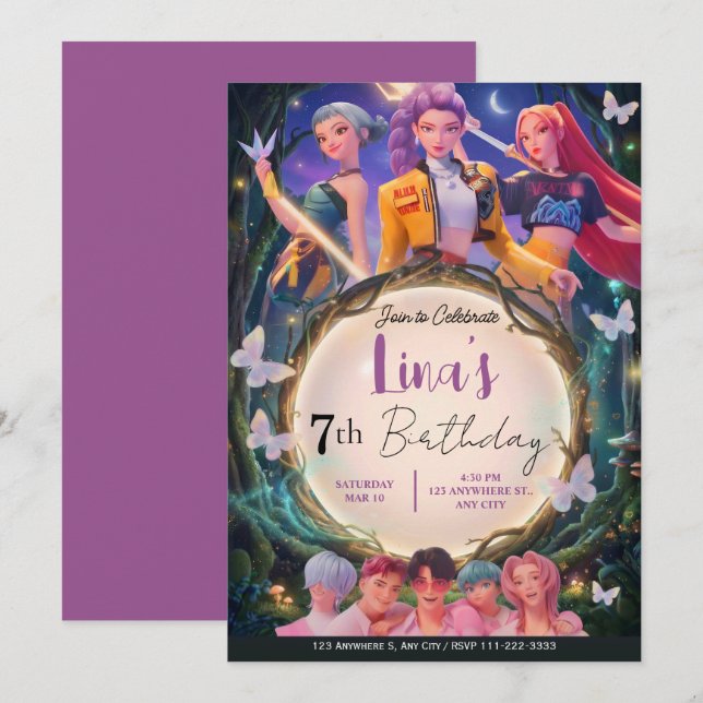 Invitación Modern Anime Girl Squad Neon Purple Birthday (Anverso / Reverso)