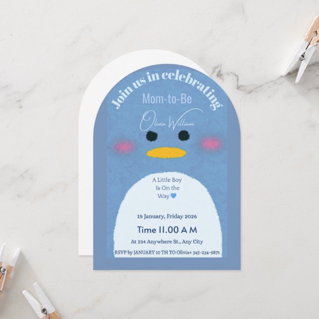 Invitación Modern Arch Blue Penguin Baby Shower Invitation |  (Anverso/Reverso In Situ)