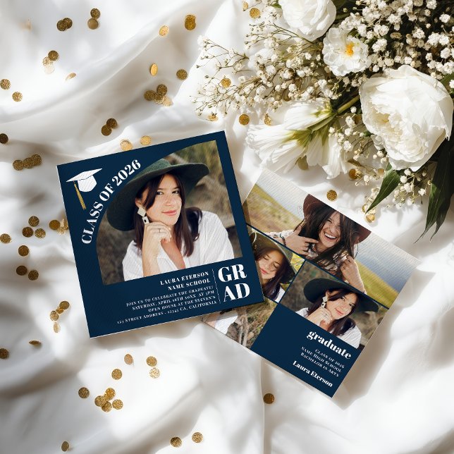 Invitación Modern arch navy blue 5 photos graduation (Modern arch navy blue 5 photos graduation invitation)