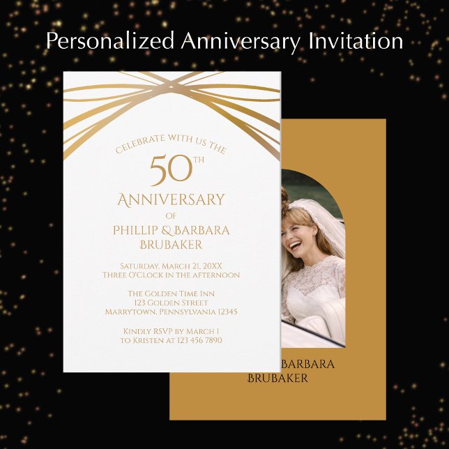 Invitación Modern Arch Photo Golden 50th Anniversary Party (Personalize these elegant arch photo Golden 50th wedding anniversary invitations.
)